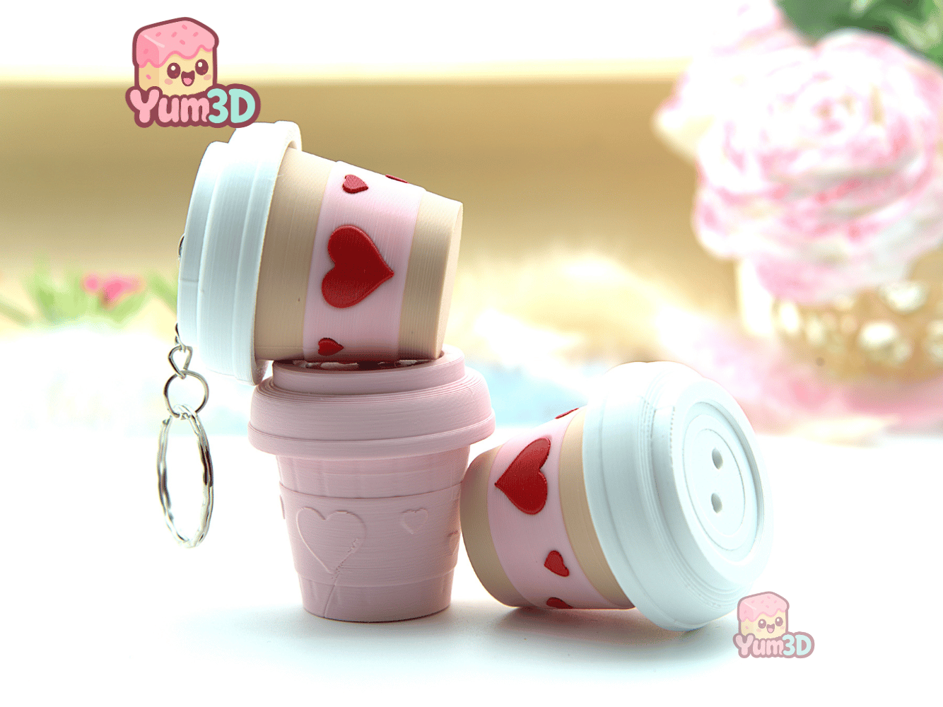 ☕ Yum3D Valentine Coffee Cup Fidget Clicker Keychain - Cute